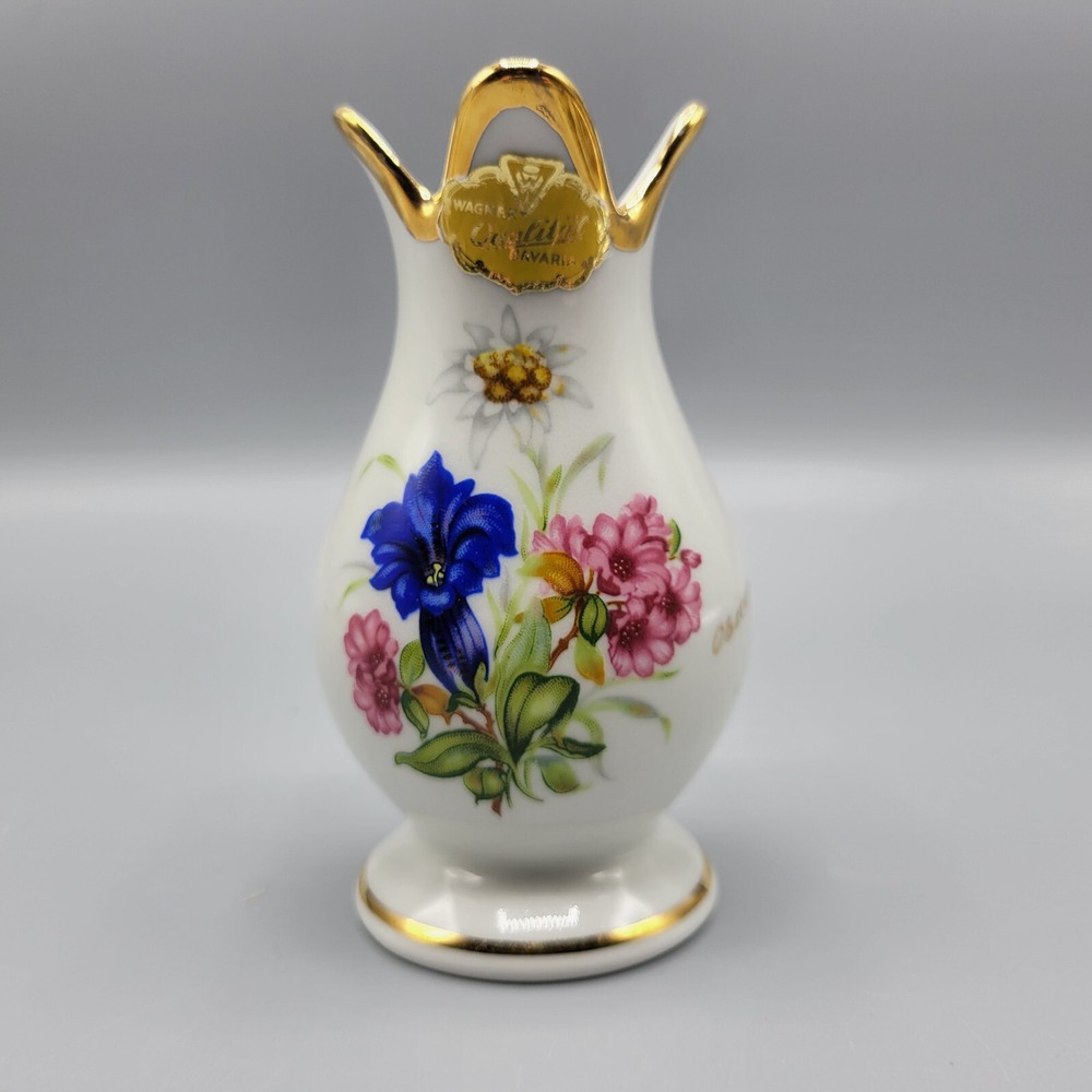Vintage Wagner Bavaria Porcelain Flower Bud Vase Gold Trim 4" Original Sticker